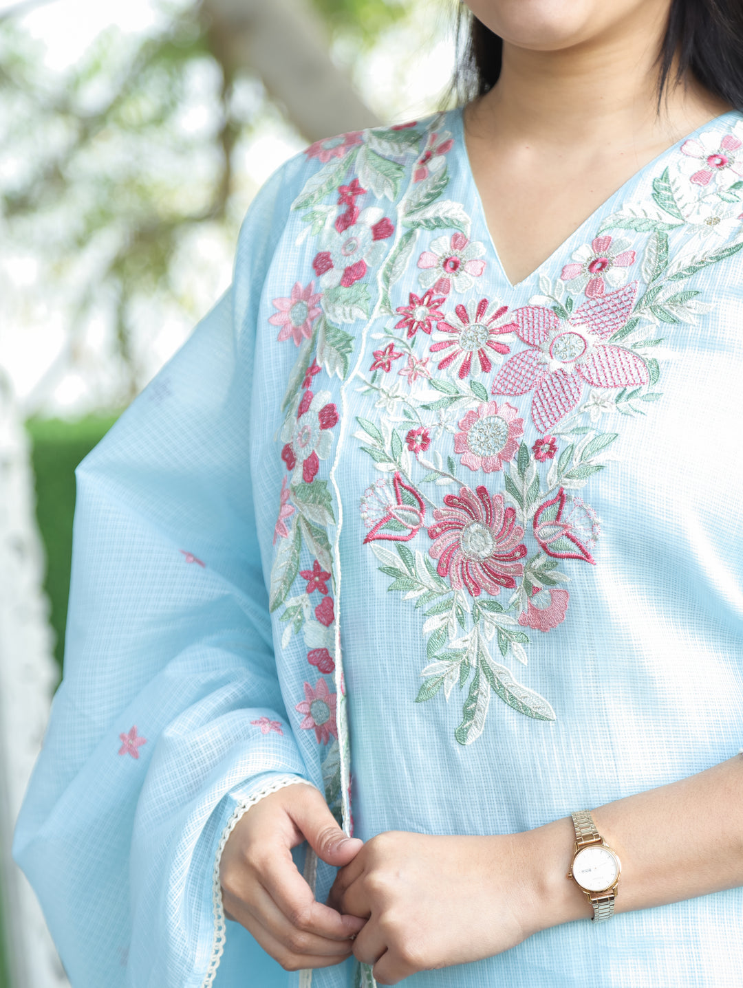 Rupali Powder Blue Floral Style Embroidered V Neck Work Kota Doriya 3 Piece Set