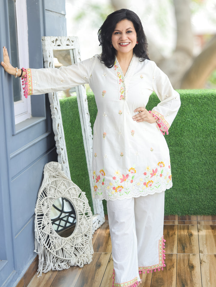 Luna Shell White Embroidered Cotton Co-ord Set