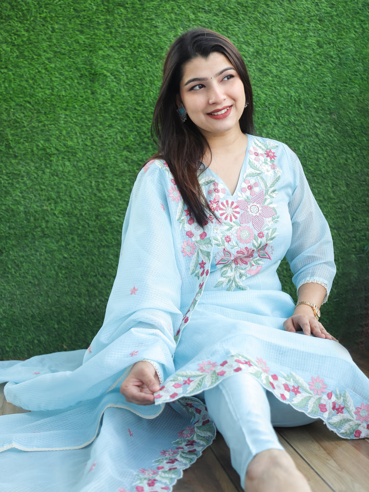 Rupali Powder Blue Floral Style Embroidered V Neck Work Kota Doriya 3 Piece Set
