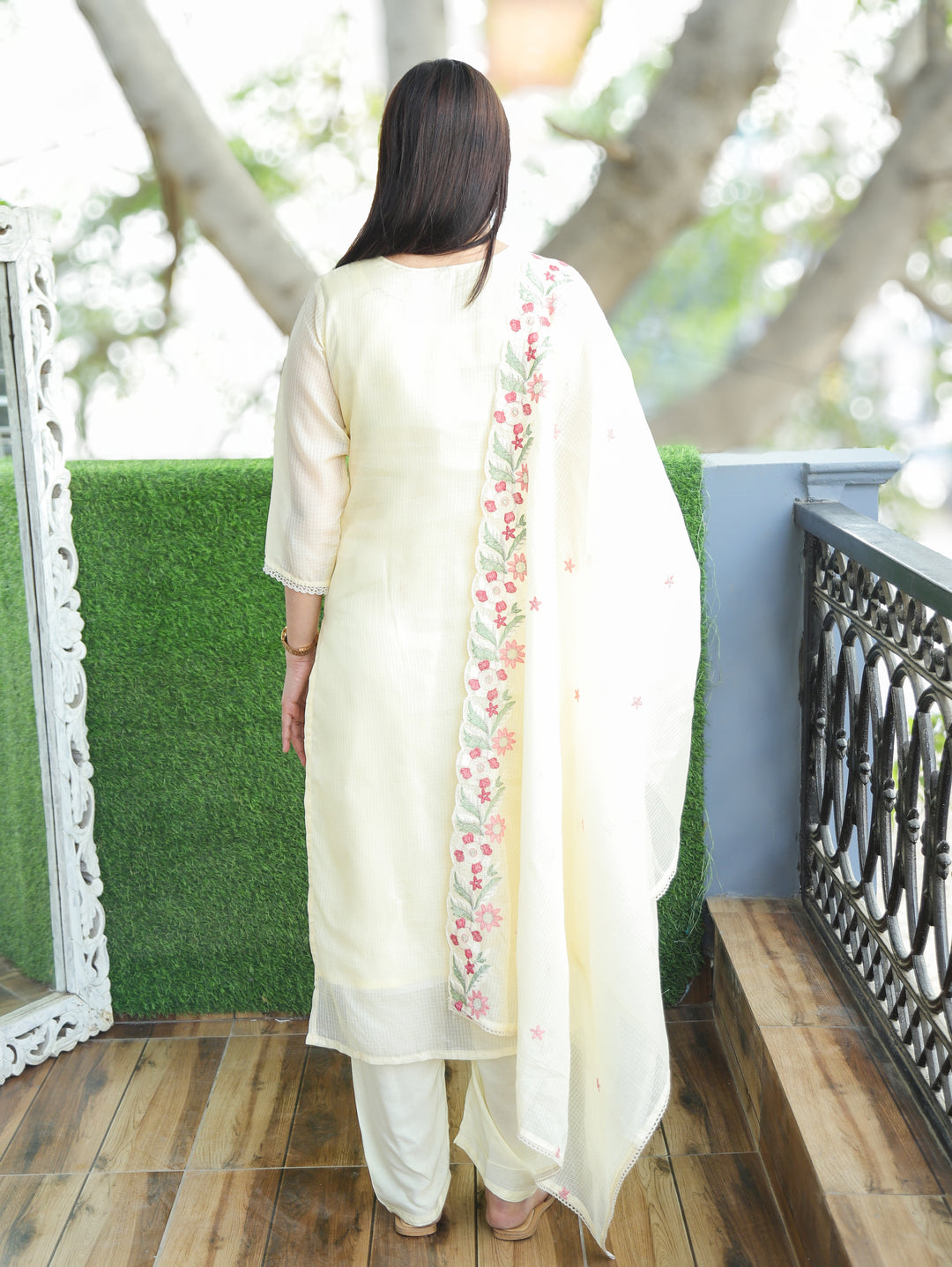 Rupali Buttermilk Yellow Floral Style Embroidered V Neck Work Kota Doriya 3 Piece Set
