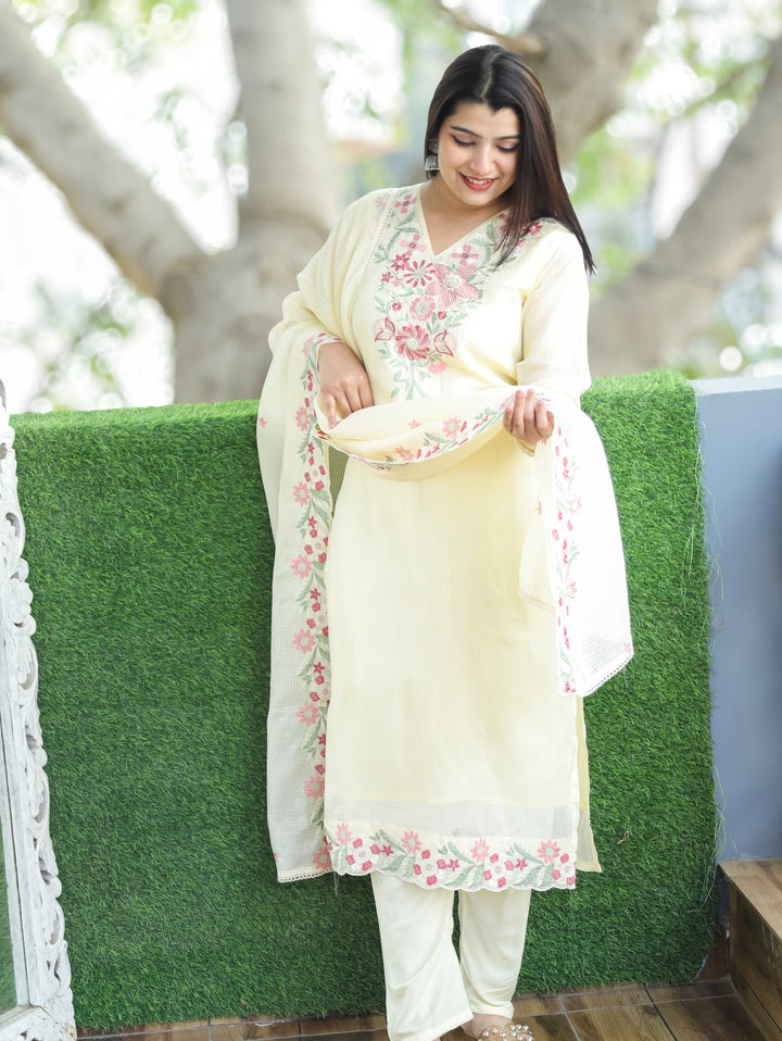 Rupali Buttermilk Yellow Floral Style Embroidered V Neck Work Kota Doriya 3 Piece Set