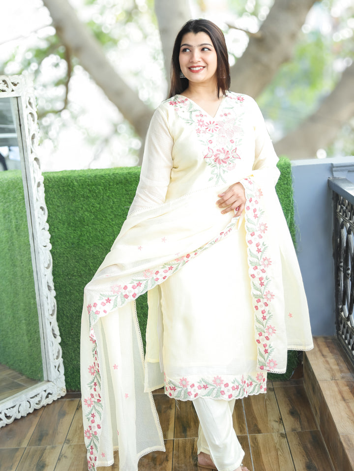 Rupali Buttermilk Yellow Floral Style Embroidered V Neck Work Kota Doriya 3 Piece Set