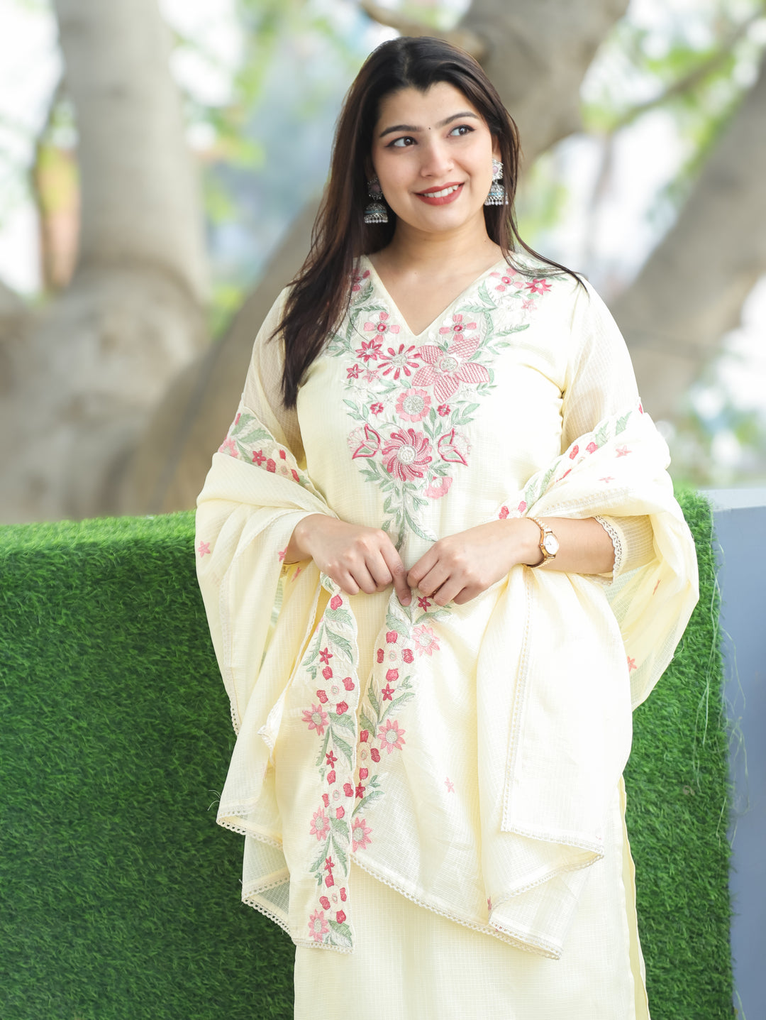 Rupali Buttermilk Yellow Floral Style Embroidered V Neck Work Kota Doriya 3 Piece Set