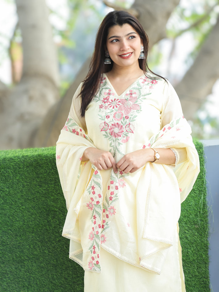 Rupali Buttermilk Yellow Floral Style Embroidered V Neck Work Kota Doriya 3 Piece Set