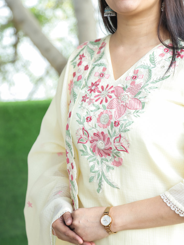 Rupali Buttermilk Yellow Floral Style Embroidered V Neck Work Kota Doriya 3 Piece Set