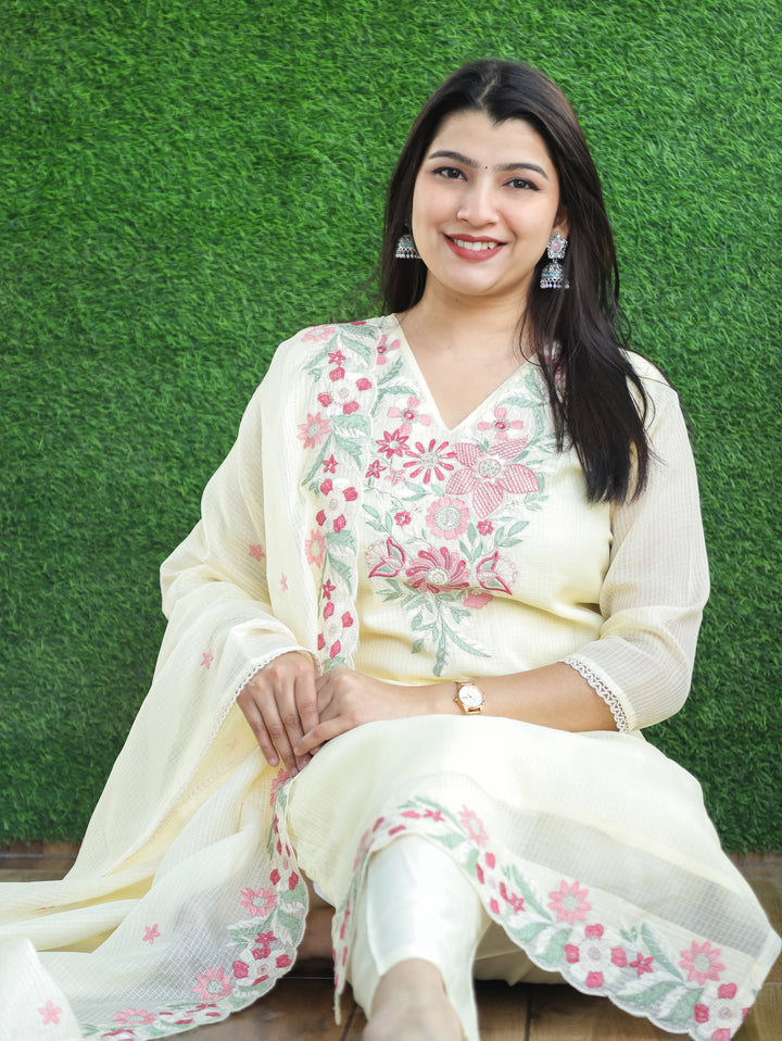 Rupali Buttermilk Yellow Floral Style Embroidered V Neck Work Kota Doriya 3 Piece Set