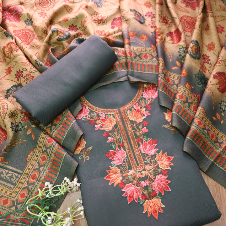 सुनहरी Slate Grey Perfectly Woven Kashida Embroidery Semi Pashmina Winter Set