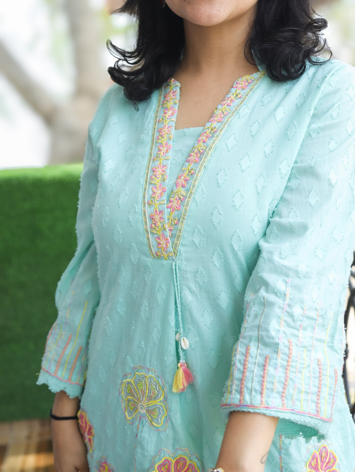 Luna Aqua V Neck Embroidered Cotton Co-ord Set