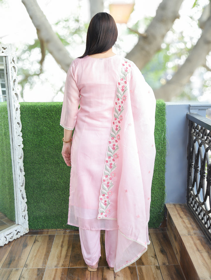 Rupali Frosty Pink Floral Style Embroidered V Neck Work Kota Doriya 3 Piece Set