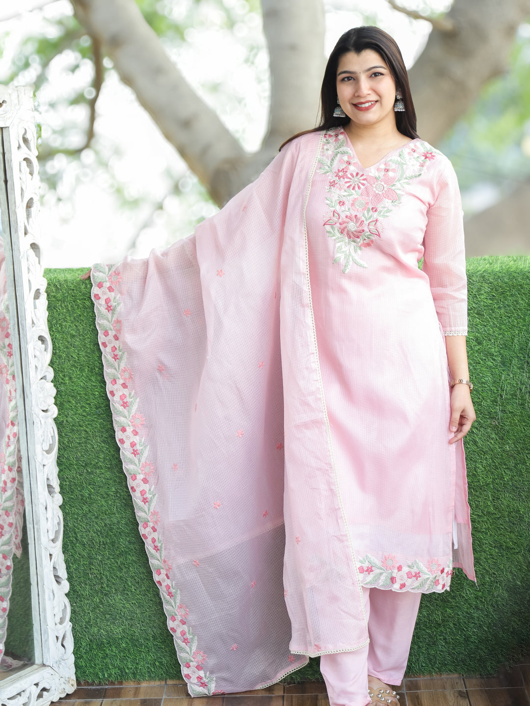 Rupali Frosty Pink Floral Style Embroidered V Neck Work Kota Doriya 3 Piece Set