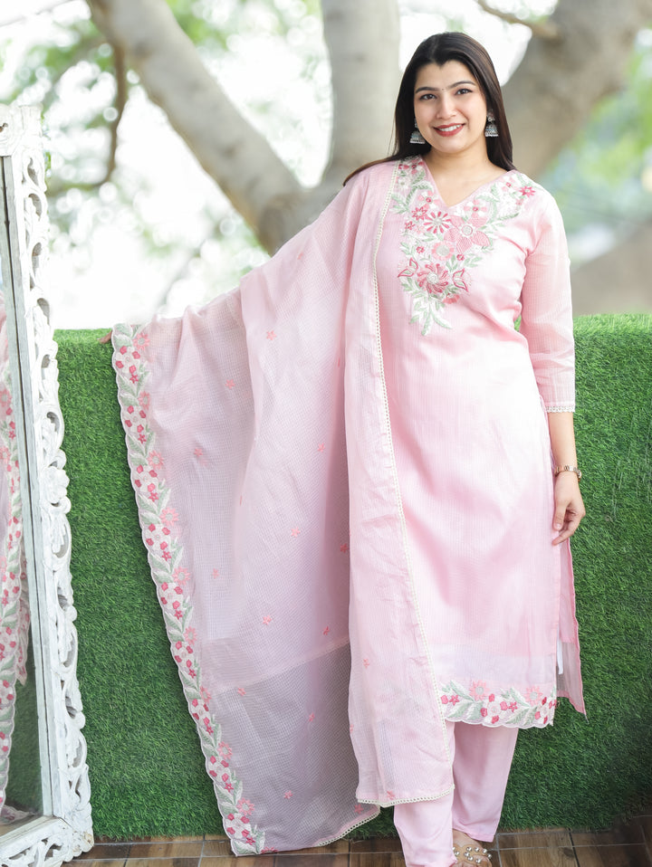 Rupali Frosty Pink Floral Style Embroidered V Neck Work Kota Doriya 3 Piece Set