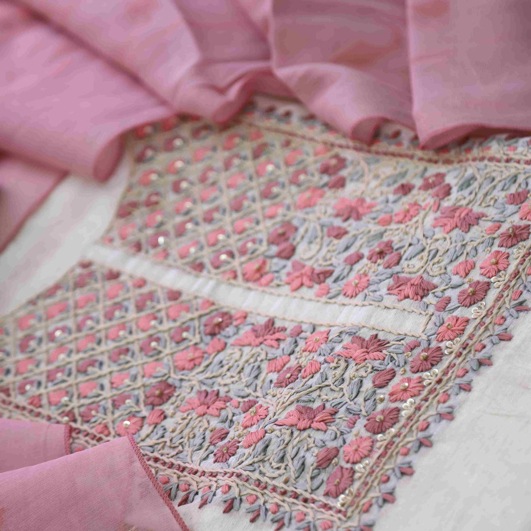 Rabiya Blush Pink Thread Embroidery Neck Work Jamdani Suit Set