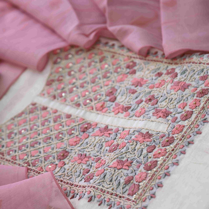 Rabiya Blush Pink Thread Embroidery Neck Work Jamdani Suit Set