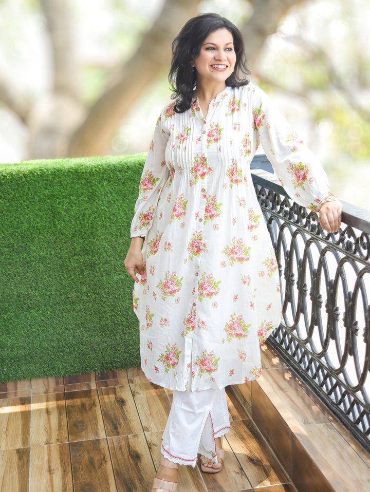 Luna White Red Floral Mul Cotton Co-ord Set