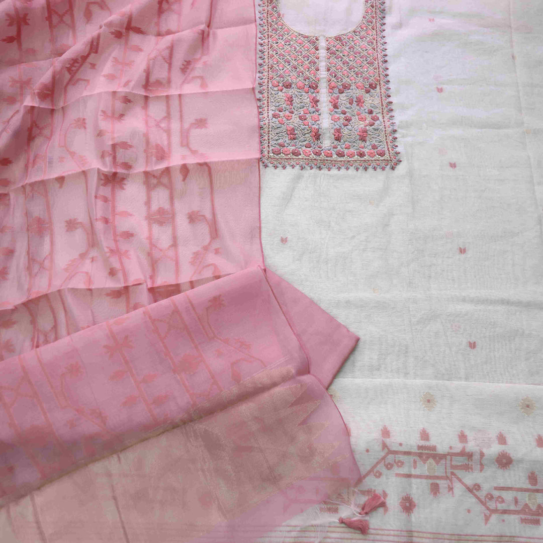 Rabiya Blush Pink Thread Embroidery Neck Work Jamdani Suit Set