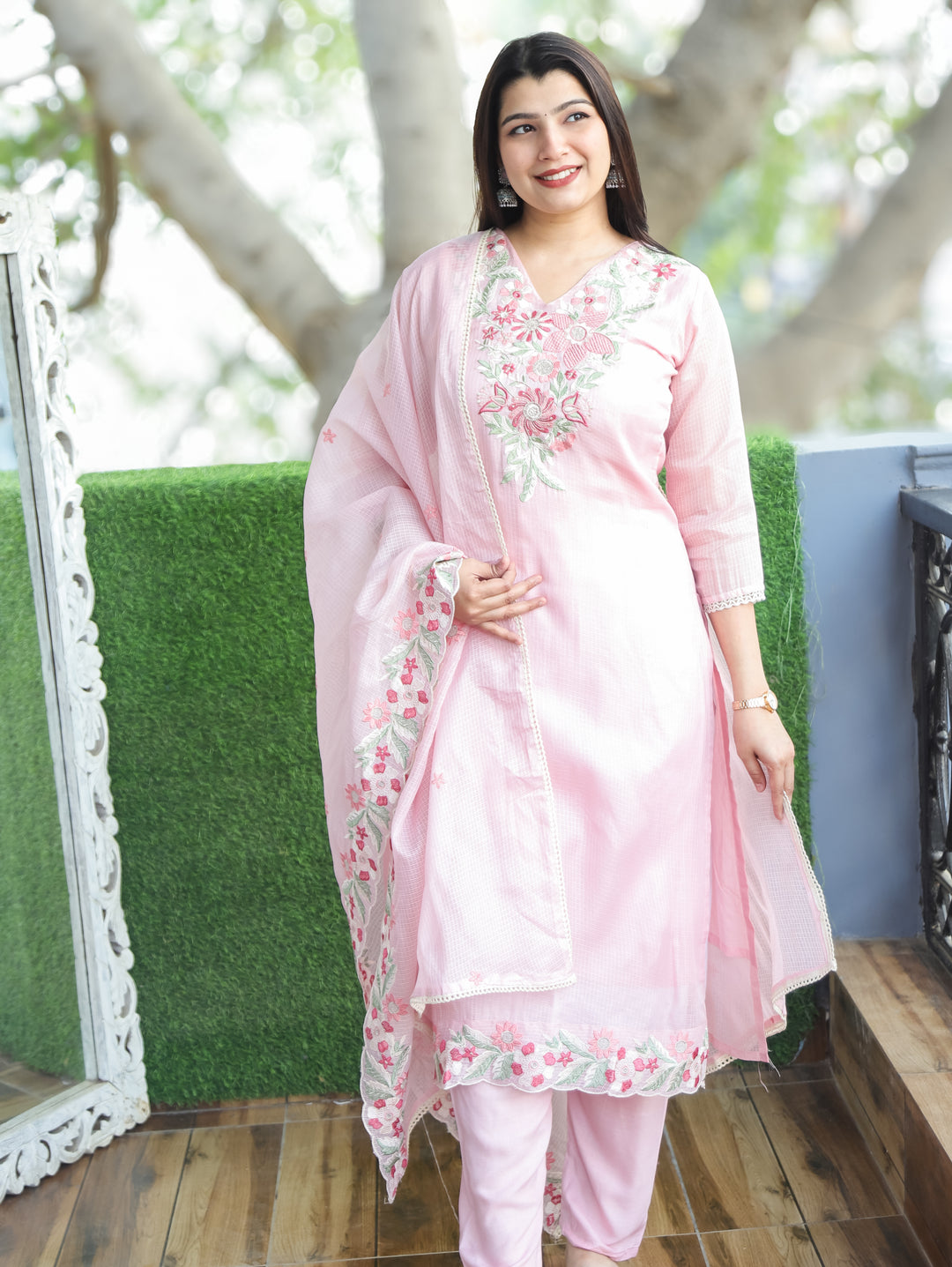 Rupali Frosty Pink Floral Style Embroidered V Neck Work Kota Doriya 3 Piece Set