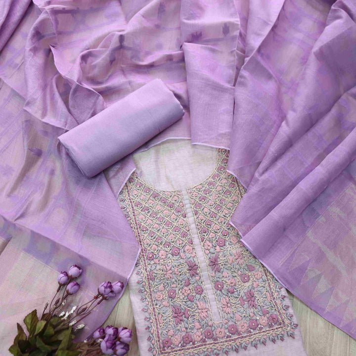 Rabiya Plum Lavender Thread Embroidery Neck Work Jamdani Suit Set