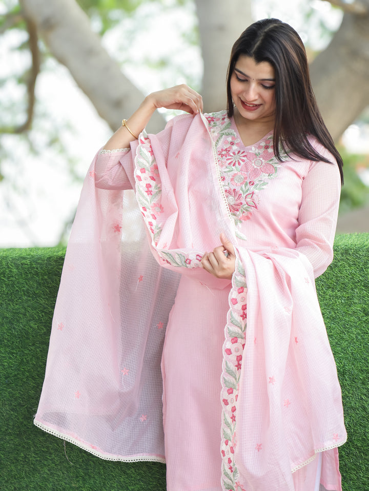 Rupali Frosty Pink Floral Style Embroidered V Neck Work Kota Doriya 3 Piece Set