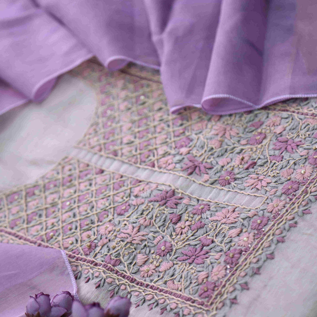 Rabiya Plum Lavender Thread Embroidery Neck Work Jamdani Suit Set
