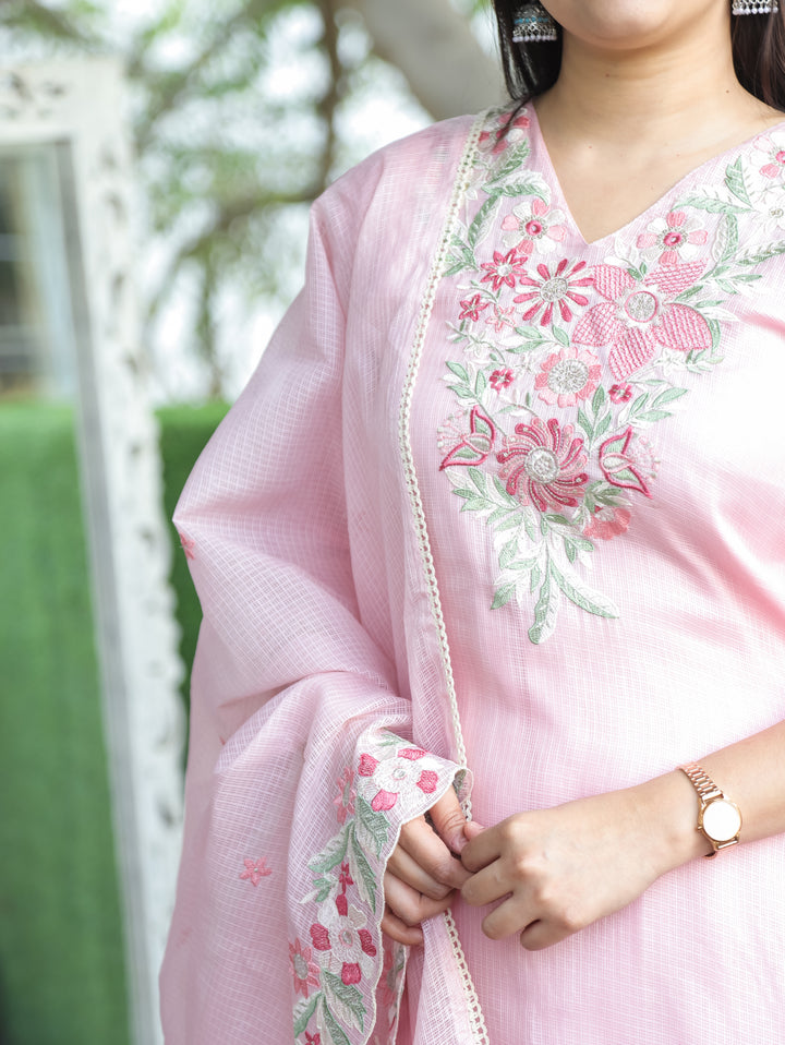 Rupali Frosty Pink Floral Style Embroidered V Neck Work Kota Doriya 3 Piece Set