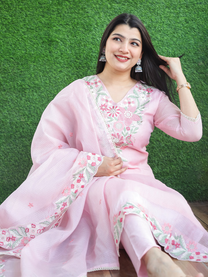 Rupali Frosty Pink Floral Style Embroidered V Neck Work Kota Doriya 3 Piece Set