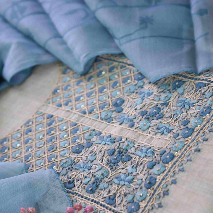 Rabiya Air force Blue Thread Embroidery Neck Work Jamdani Suit Set