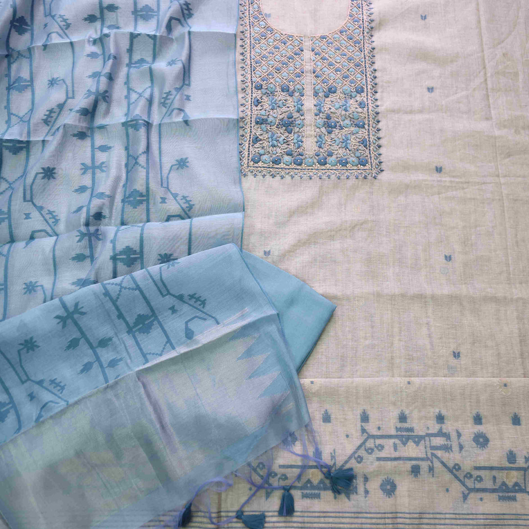 Rabiya Air force Blue Thread Embroidery Neck Work Jamdani Suit Set