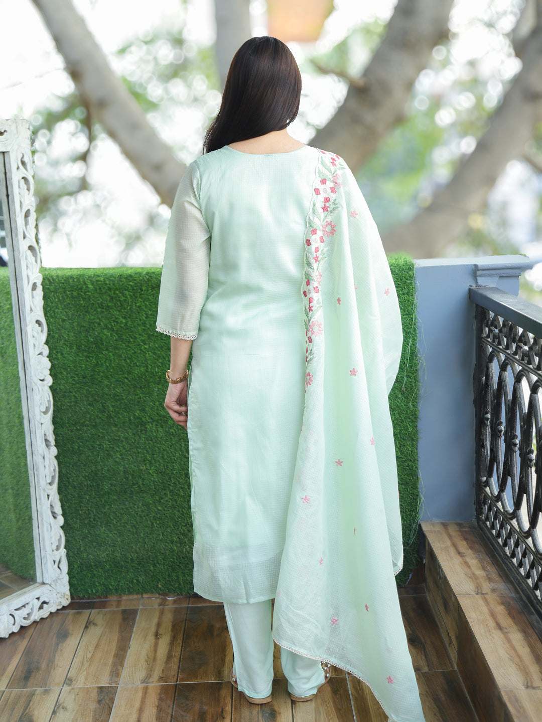Rupali Mint Green Floral Style Embroidered V Neck Work Kota Doriya 3 Piece Set