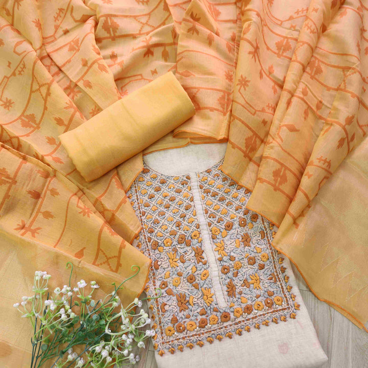 Rabiya Dijon Orange Thread Embroidery Neck Work Jamdani Suit Set