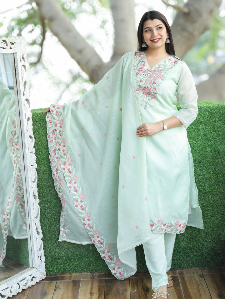 Rupali Mint Green Floral Style Embroidered V Neck Work Kota Doriya 3 Piece Set