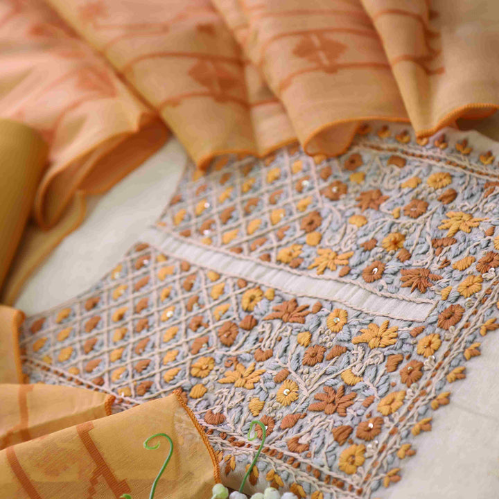 Rabiya Dijon Orange Thread Embroidery Neck Work Jamdani Suit Set