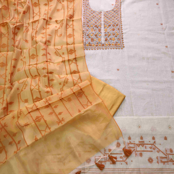 Rabiya Dijon Orange Thread Embroidery Neck Work Jamdani Suit Set