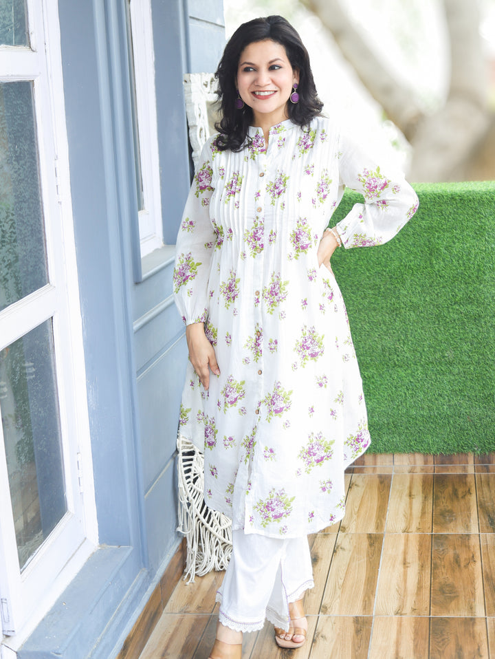 Luna White Purple Floral Mul Cotton Co-ord Set