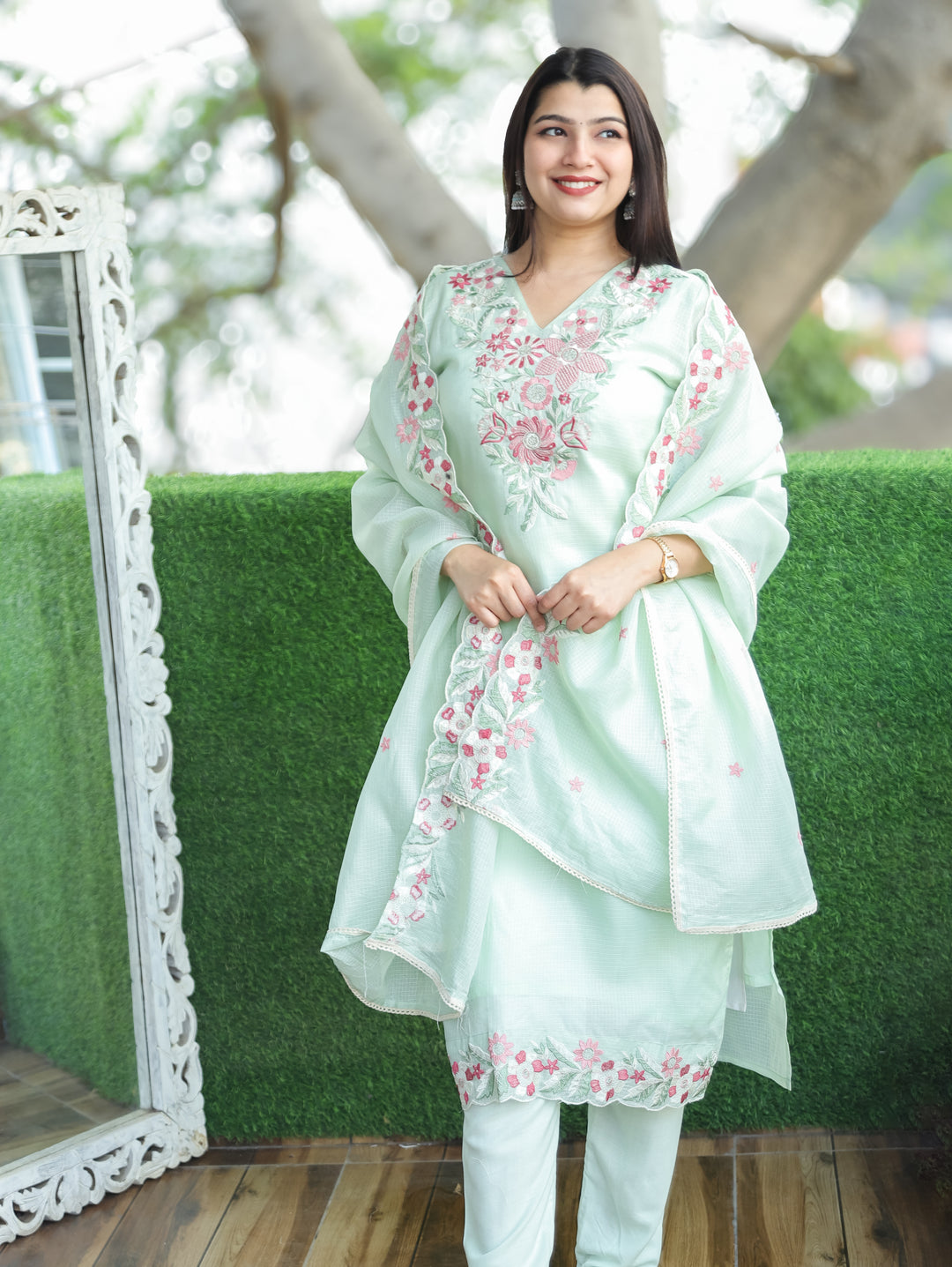 Rupali Mint Green Floral Style Embroidered V Neck Work Kota Doriya 3 Piece Set