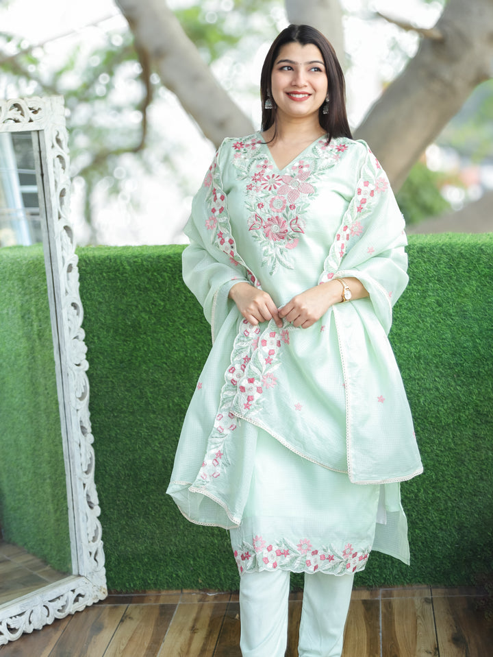 Rupali Mint Green Floral Style Embroidered V Neck Work Kota Doriya 3 Piece Set