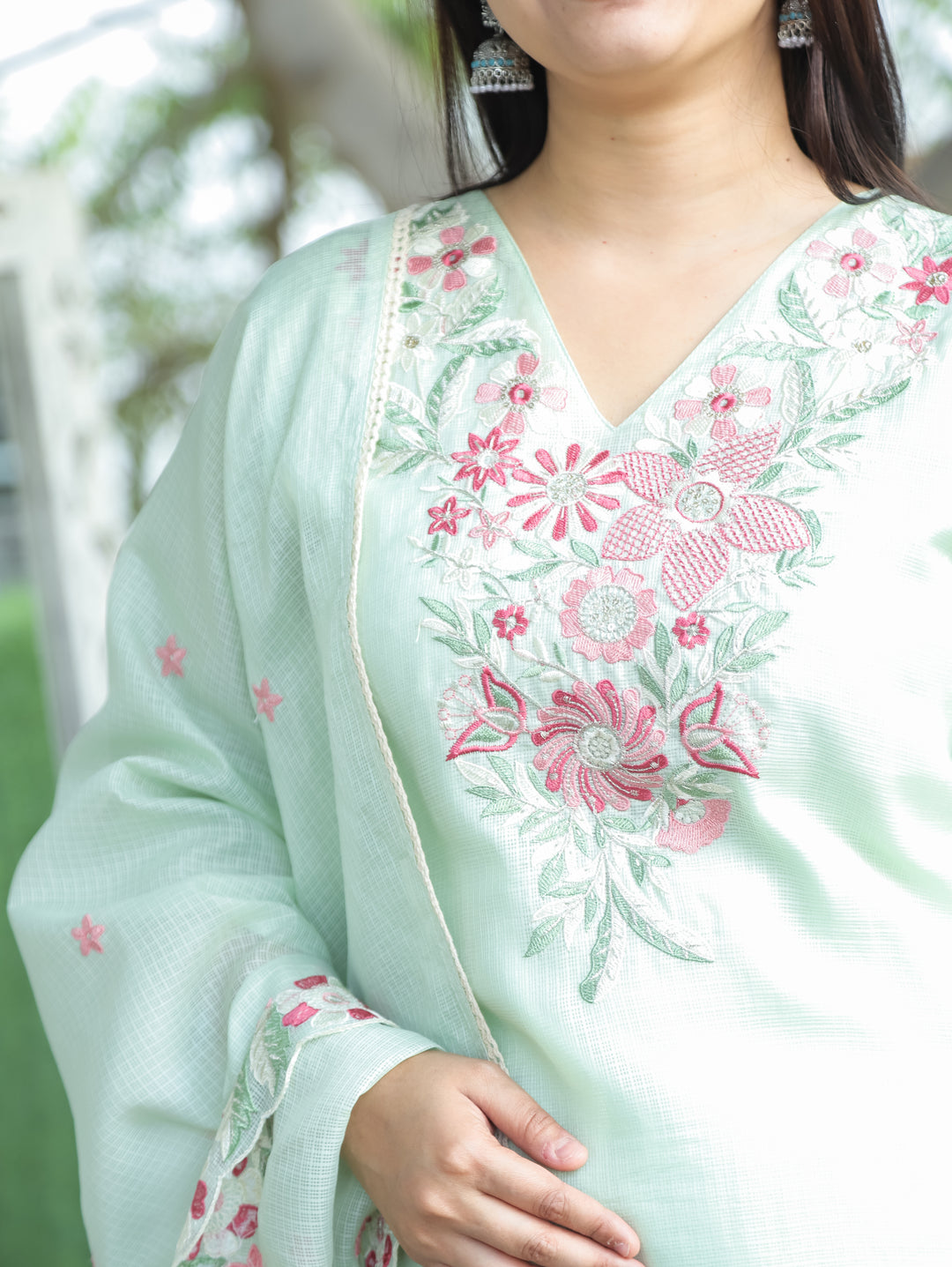 Rupali Mint Green Floral Style Embroidered V Neck Work Kota Doriya 3 Piece Set