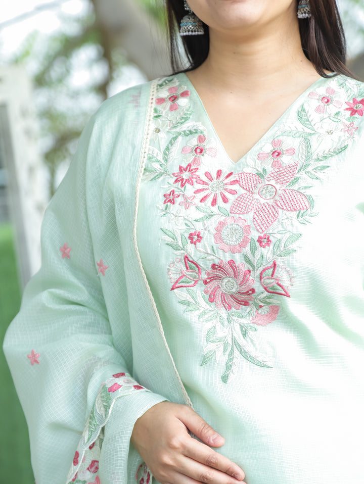 Rupali Mint Green Floral Style Embroidered V Neck Work Kota Doriya 3 Piece Set