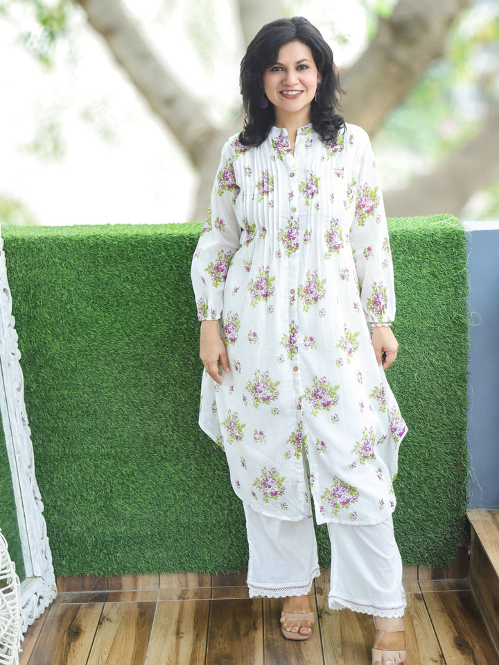 Luna White Purple Floral Mul Cotton Co-ord Set