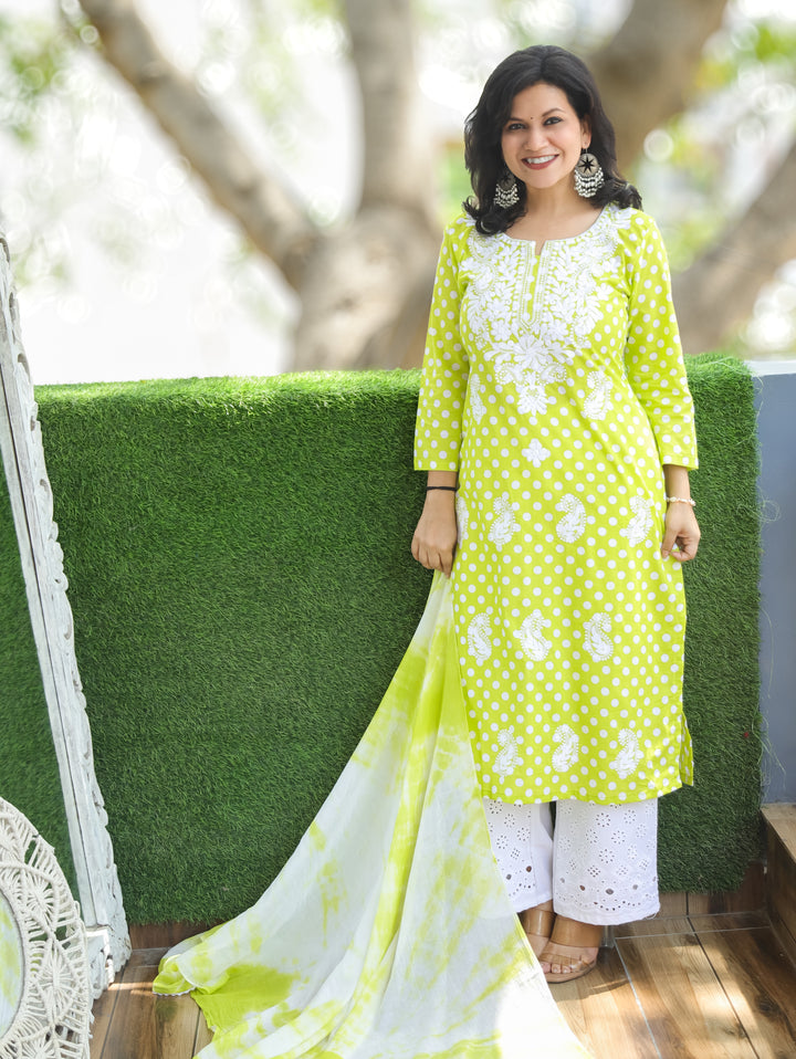 Kira Neon Green Chikankari Cotton 3 Piece Set