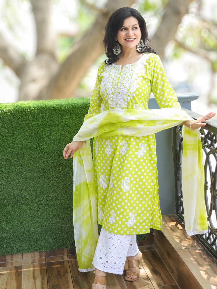 Kira Neon Green Chikankari Cotton 3 Piece Set