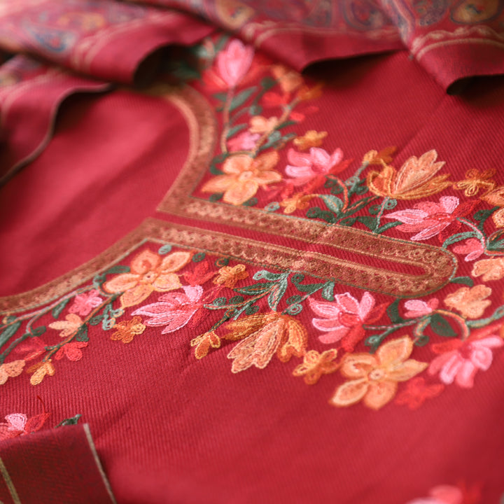 परमसखी Berry Red Defined with Kashida Embroidery Work Semi Pashmina Winter Set