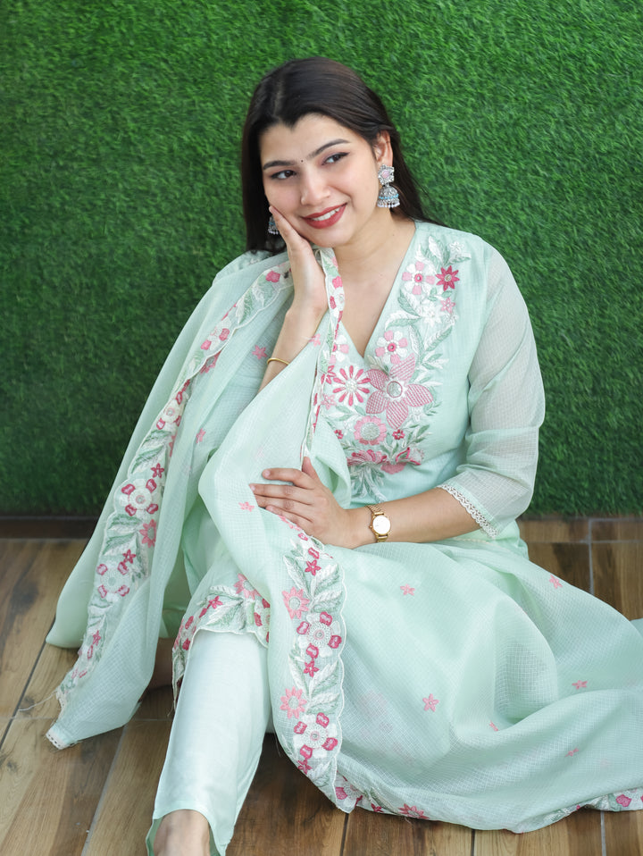Rupali Mint Green Floral Style Embroidered V Neck Work Kota Doriya 3 Piece Set