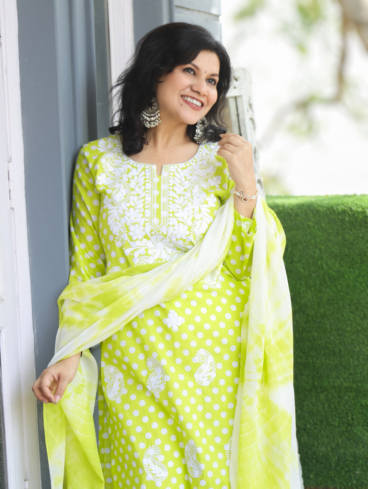 Kira Neon Green Chikankari Cotton 3 Piece Set