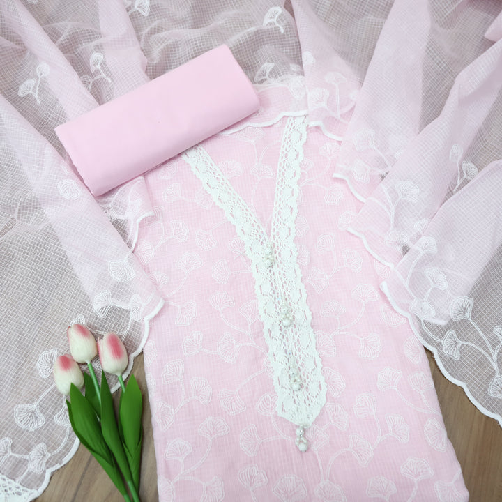 Zeenat Candy Pink Lace Work in All Over Thread Work Kota Doriya Suit Set