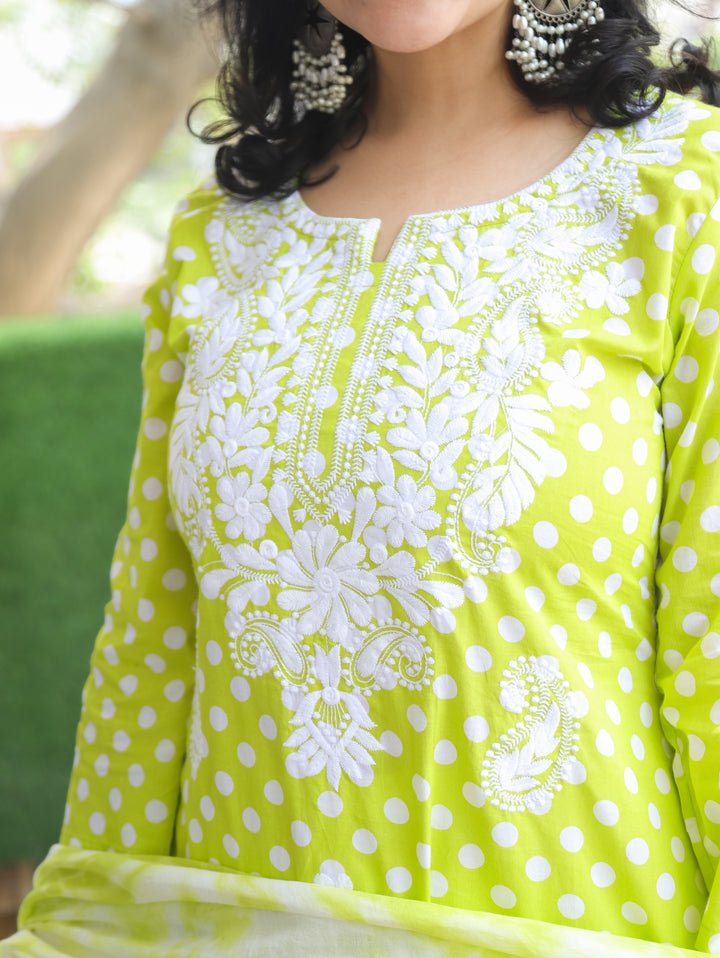 Kira Neon Green Chikankari Cotton 3 Piece Set