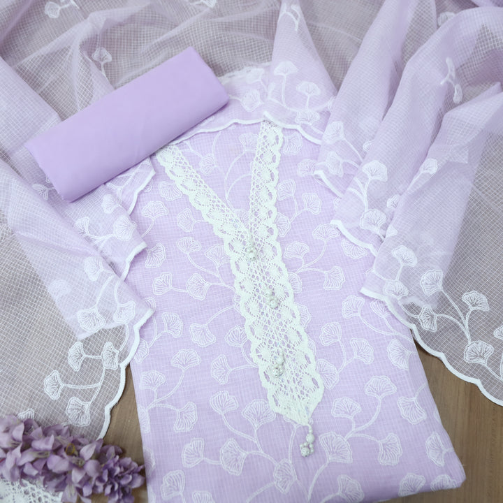 Zeenat Petal Lavender Lace Work in All Over Thread Work Kota Doriya Suit Set