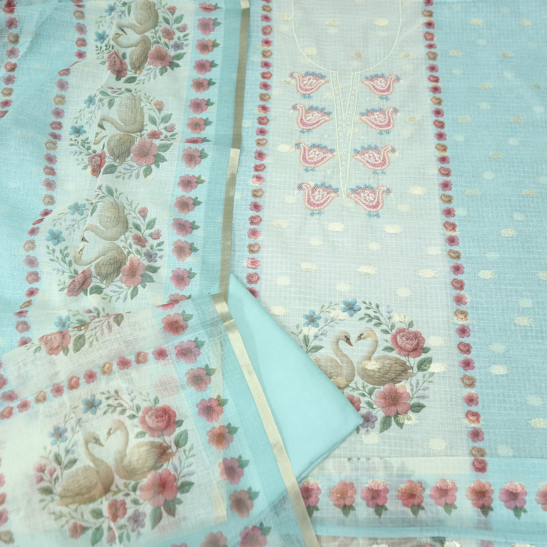 Shefali Aqua Sky Blue Bird Style Moti Work in Panel Floral Printed Kota Doriya Suit Set