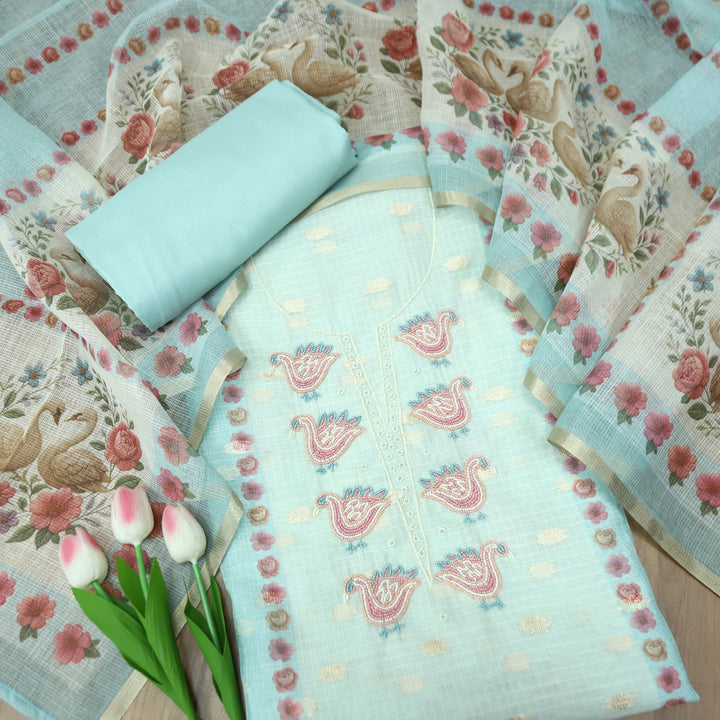 Shefali Aqua Sky Blue Bird Style Moti Work in Panel Floral Printed Kota Doriya Suit Set