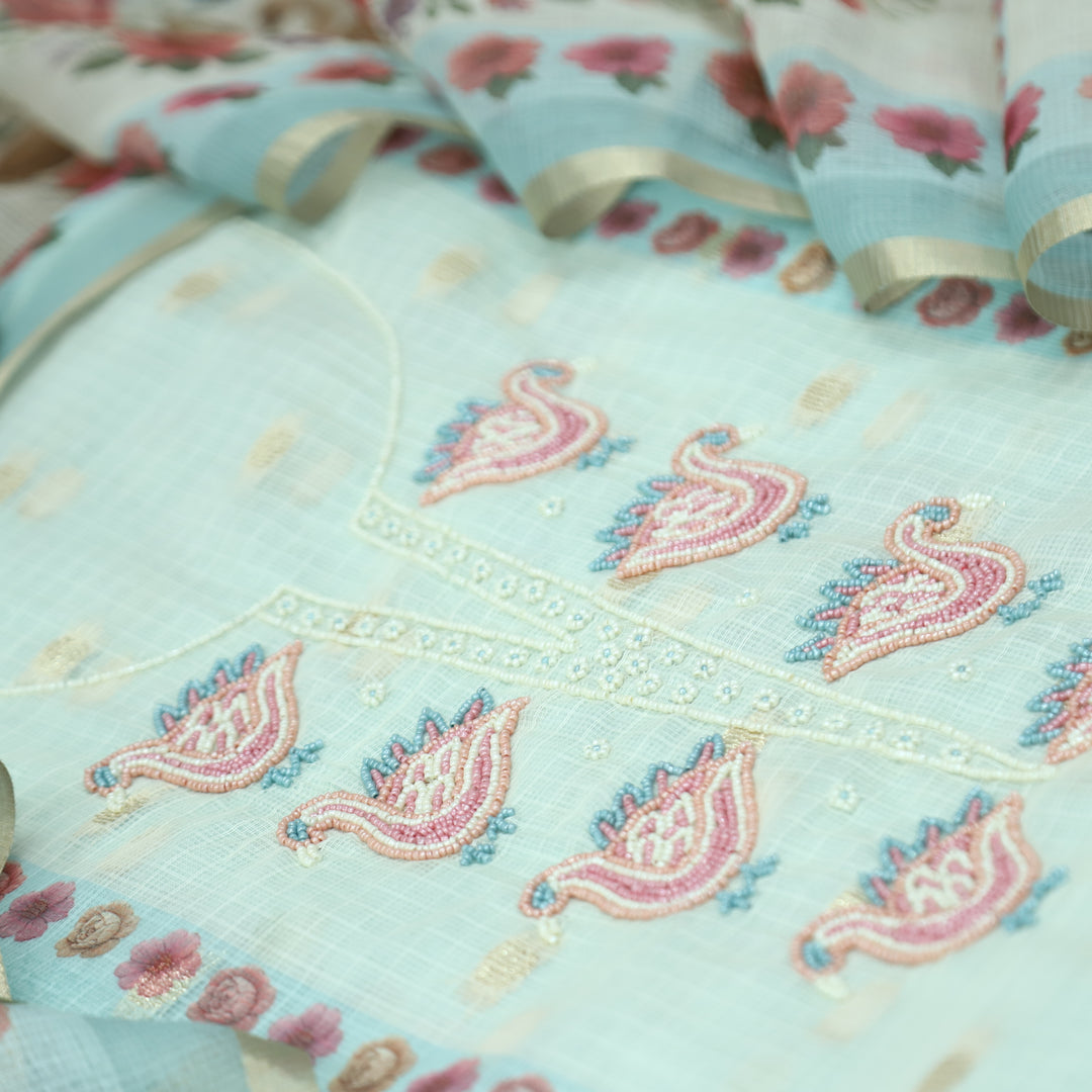 Shefali Aqua Sky Blue Bird Style Moti Work in Panel Floral Printed Kota Doriya Suit Set