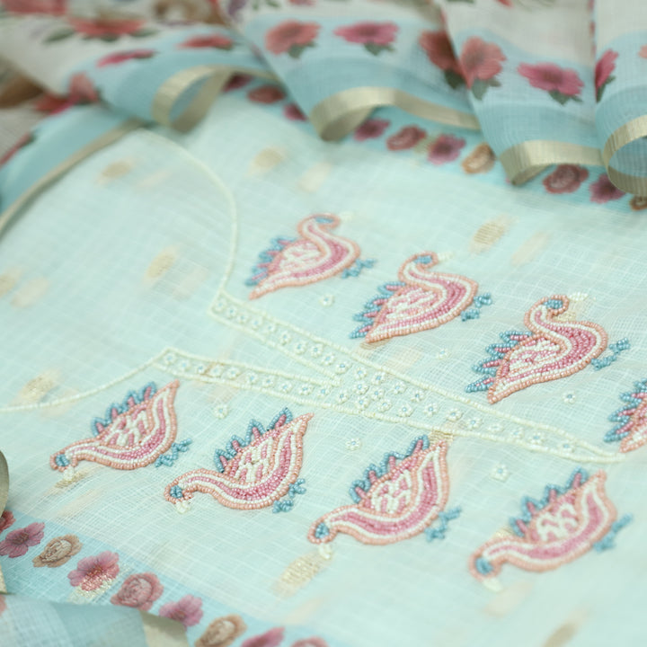 Shefali Aqua Sky Blue Bird Style Moti Work in Panel Floral Printed Kota Doriya Suit Set